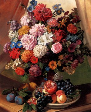 Roses, Morning Glory,Carnations, Peonies and Michaelmas Daisies in a Vase with Peaches, Grapes and a Pomegranate in a Bowl and Pears and Plums on a Stone Ledge