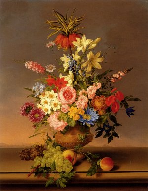 Still Life of Various Flowers in a Vase with Bunches of Grapes and Peaches, All Resting on a Ledge with a Landscape Beyond