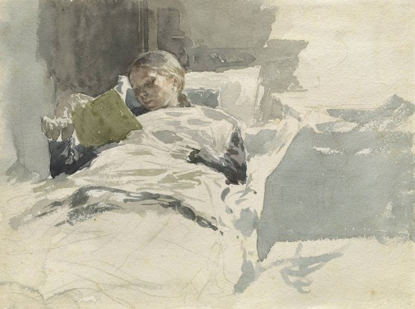Main Product Photo of The Artist's Wife Reading In Bed  Painting by Leopold Von Kalckreuth