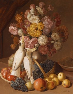 Blumenstillleben mit Fruchten und Nymphensittichen by Leopold Von Stoll Oil Painting