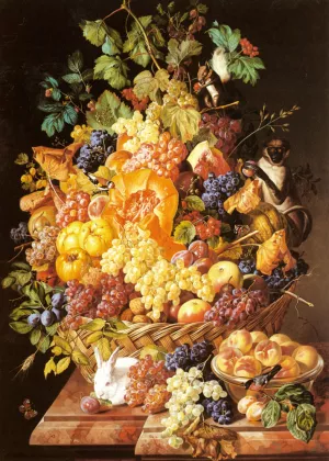 A Basket of Fruit with Animals by Leopold Zinnogger A Basket of Fruit with Animals Oil painting by Leopold Zinnogger