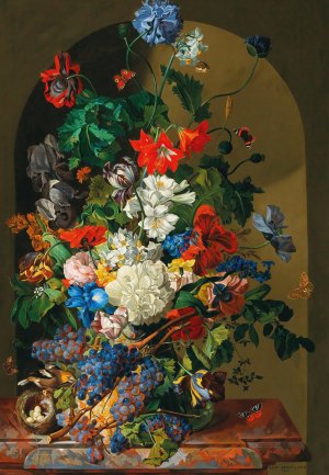 A large bouquet of flowers with a bird's nest, butterflies and grapes by Leopold Zinnogger Oil Painting