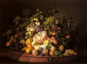 A Still Life of Fruit on a Marble Ledge painting by Leopold Zinnogger