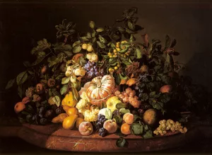 A Still Life of Fruit on a Marble Ledge Oil painting by Leopold Zinnogger