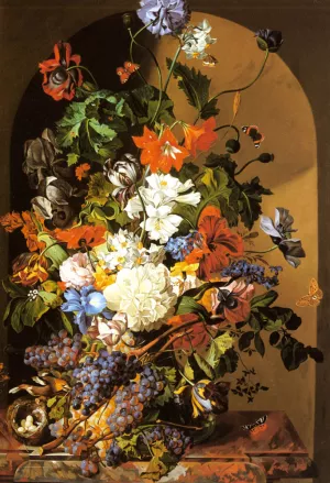A Still Life with Flowers and Grapes by Leopold Zinnogger Oil Painting