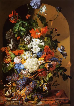 Still Life with Flowers and Grapes by Leopold Zinnogger - Oil Painting Reproduction