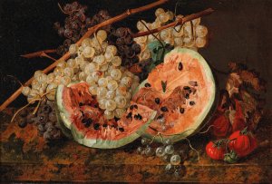 Still Life with Watermelon and Grapes by Leopold Zinnogger Oil Painting
