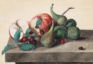 Stillleben mit apfeln, Feigen und Cornelkirsche by Leopold Zinnogger Oil Painting