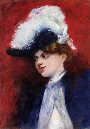 Beautiful Woman with Feathered Hat by Lesser Ury - Oil Painting Reproduction