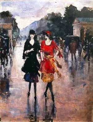 Two Girls Walking Along the Street by Lesser Ury Oil Painting