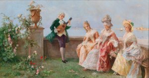 Venice, Elegant Company, San Giorgio Maggiore in the background by Licinio Barzanti Oil Painting
