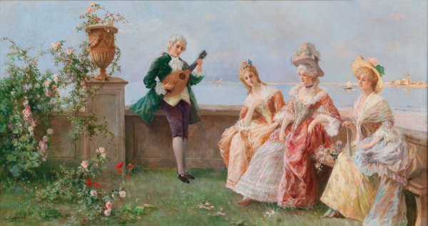 Venice, Elegant Company, San Giorgio Maggiore in the background by Licinio Barzanti - Hand-Painted Oil Painting Reproduction