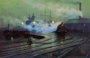 The Docks at Cardiff by Lionel Walden Oil Painting
