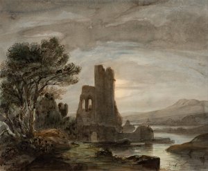 Night Landscape with Ruined Monastery by Lluis Rigalt Oil Painting