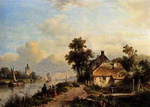 A Summer Landscape with Figures Along a Waterway by Lodewijk Johannes Kleijn Oil Painting