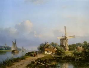 Figures on a Canal near a Windmill