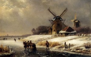 Figures On A Frozen Waterway By A Windmill