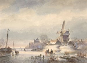 Winter Landscape with Frozen River by Lodewijk Johannes Kleijn Oil Painting