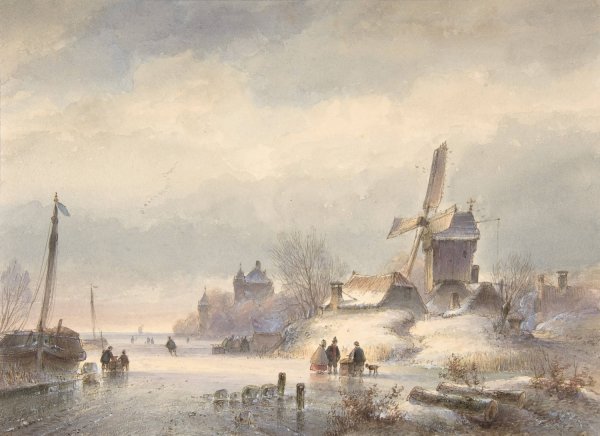 Main Product Photo of Winter Landscape with Frozen River  Painting by Lodewijk Johannes Kleijn