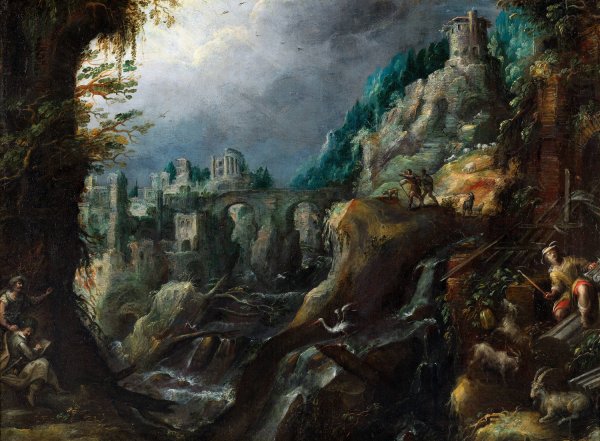 Berglandskap med forsande flod, klassiska ruiner och herdar  by Lodewijk Toeput - Hand-Painted Oil Painting Reproduction