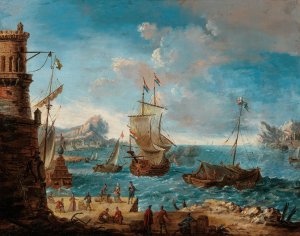 A coastal landscape with figures conversing on a harbour and ships beyond by Lodovico Mattioli Oil Painting
