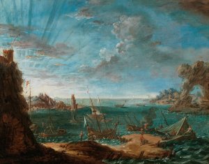 A coastal landscape with ships and figures by Lodovico Mattioli Oil Painting
