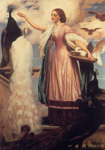 Main Product Photo of A Girl Feeding Peacocks Painting by Lord Frederick Leighton