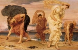 Greek Girls Picking up Pebbles by the Sea