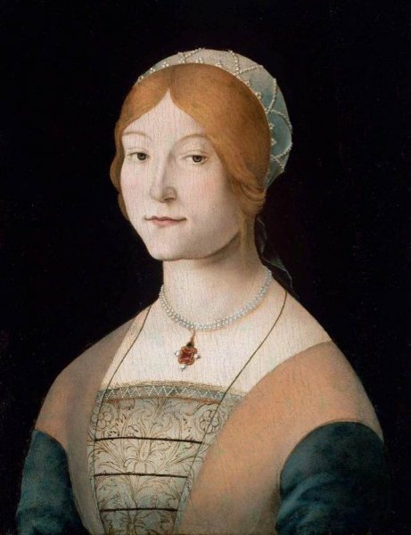 Main Product Photo of Portrait of a Woman with a Pearl Necklace Painting by Lorenzo Costa