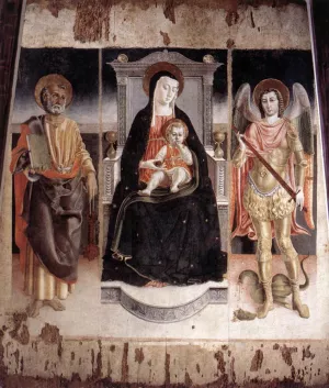 Madonna Enthroned with the Infant Christ, St Peter and St Michael by Lorenzo Da Viterbo Oil Painting