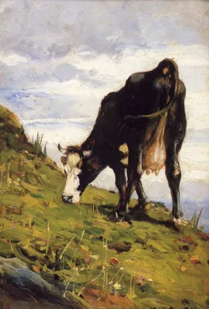 Mucca al Pascolo by Lorenzo Delleani - Oil Painting Reproduction