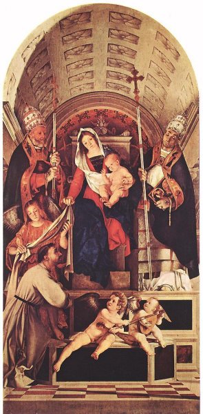 Main Product Photo of Madonna and Child with Sts Dominic, Gregory and Urban Painting by Lorenzo Lotto