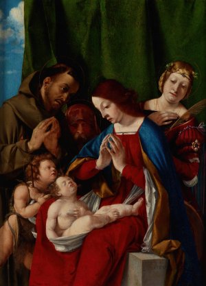 Madonna and Child with the Saints John the Baptist, Francis of Assisi, Joseph and Catherine of Alexandria by Lorenzo Lotto Oil Painting