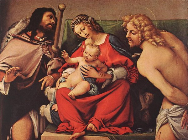 Madonna with the Child and Sts Rock and Sebastian by Lorenzo Lotto - Hand-Painted Oil Painting Reproduction