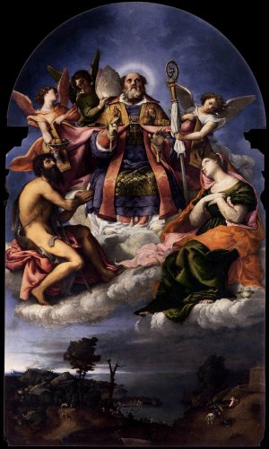 St Nicholas in Glory with Sts John the Baptist and Lucy Oil painting by Lorenzo Lotto