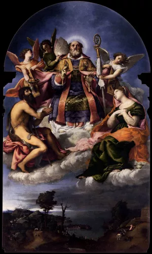 St Nicholas in Glory with Sts John the Baptist and Lucy painting by Lorenzo Lotto