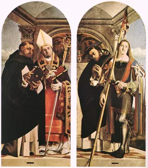 Sts Thomas Aquinas and Flavian, Sts Peter the Martyr and Vitus by Lorenzo Lotto Oil Painting