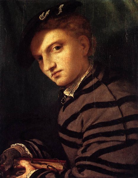 Main Product Photo of Young Man in a Striped Coat Painting by Lorenzo Lotto