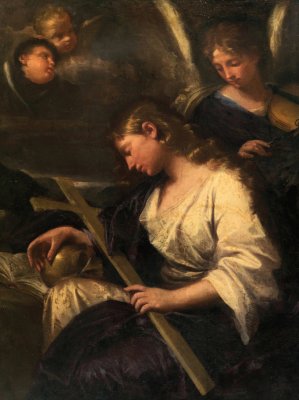 The Penitent Mary Magdalene Accompanied by an Angel Playing a Violin Behind by Lorenzo Pasinelli Oil Painting