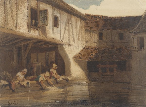 Main Product Photo of Wassende vrouwen in een open hal van een huizencomplex aan het water  Painting by Louis-Adolphe Hervier