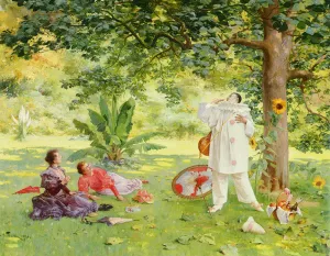 Pierrot Entertaining In The Garden by Louis Adolphe Tessier Oil Painting