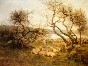Tending the Flock in a Blossoming Landscape by Louis Aime Japy - Oil Painting Reproduction