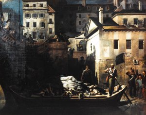 Transport de nuit, au Gros-Caillou, des cadavres non reconnus a la morgue, apres les journees de juillet 1830, quai du Marche-Neuf by Louis Alexandre Peron Oil Painting