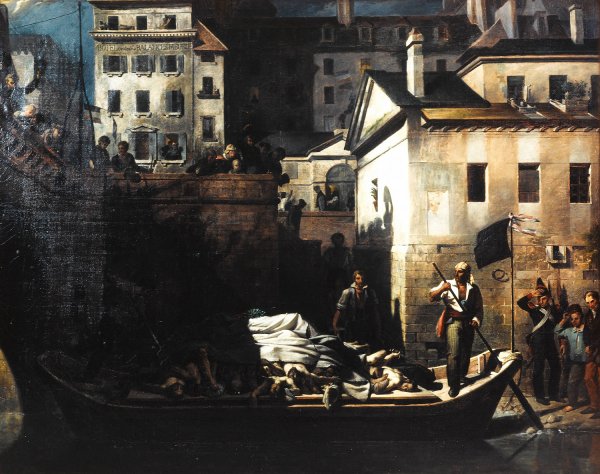 Transport de nuit, au Gros-Caillou, des cadavres non reconnus a la morgue, apres les journees de juillet 1830, quai du Marche-Neuf  by Louis Alexandre Peron - Hand-Painted Oil Painting Reproduction