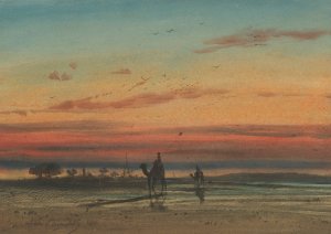 Sunset in Egypt, with two Bedouins on camels by Louis-Amable Crapelet Oil Painting