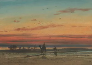 Sunset in Egypt, with two Bedouins on camels by Louis-Amable Crapelet Oil Painting
