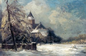 A Church In A Snow Covered Landscape by Louis Apol Oil Painting