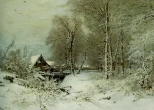 A Cottage in a Snowy Landscape by Louis Apol Oil Painting