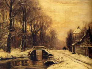 A Snowcovered Forest With A Bridge Across A Stream by Louis Apol - Oil Painting Reproduction