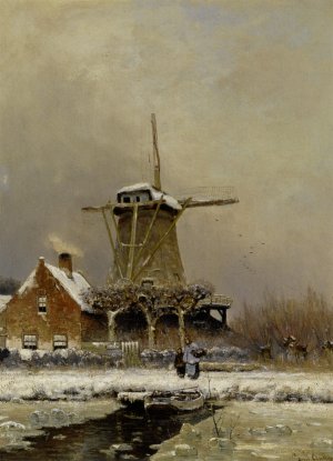 Figures by a Windmill in a Snow Covered Landscape